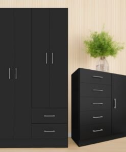 Guarda-Roupa 4 Portas Panamá 4002 + Cômoda 5 Gavetas Sapateira Miami Preto - FELLICCI