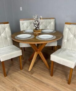 Mesa de Jantar Simpatia 1.08x1.08 Circular Com 4 cadeiras Jasmim - Cinamomo/Bege