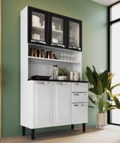 Armário Kit de Cozinha c/ Vidro 1,05m Pratika - Branco/Preto