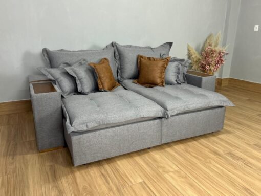 Sofá Cama Retrátil Reclinável Gabriella 2,30m - Cinza Linho / Marrom Courino - Imagem 10