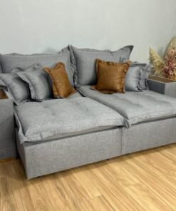 Sofá Cama Retrátil Reclinável Gabriella 2,50m - Cinza Linho / Marrom Courino