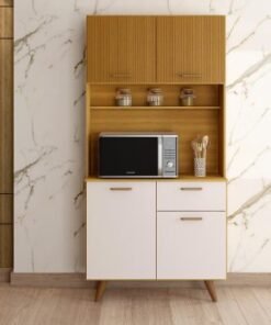 Armário de Cozinha Kit Iziz 0,90m -  Freijó Ripado/ Off White