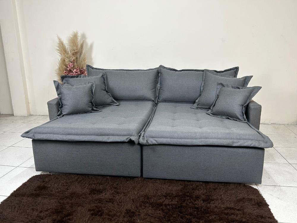 Sofá Cama Retrátil Reclinável Esparta 2.20m - Grafite Linho / Marrom Courino - Imagem 6