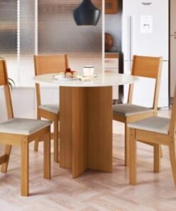 Mesa de Jantar Alice Circular 0.90x0.90 Com 4 Cadeiras Linho - Freijó/Off White