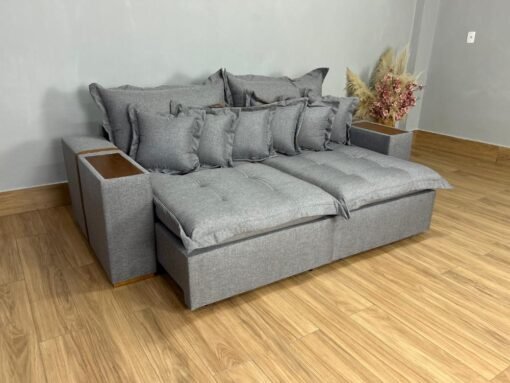 Sofá Cama Retrátil Reclinável Gabriella 2,30m - Cinza Linho / Marrom Courino - Imagem 11