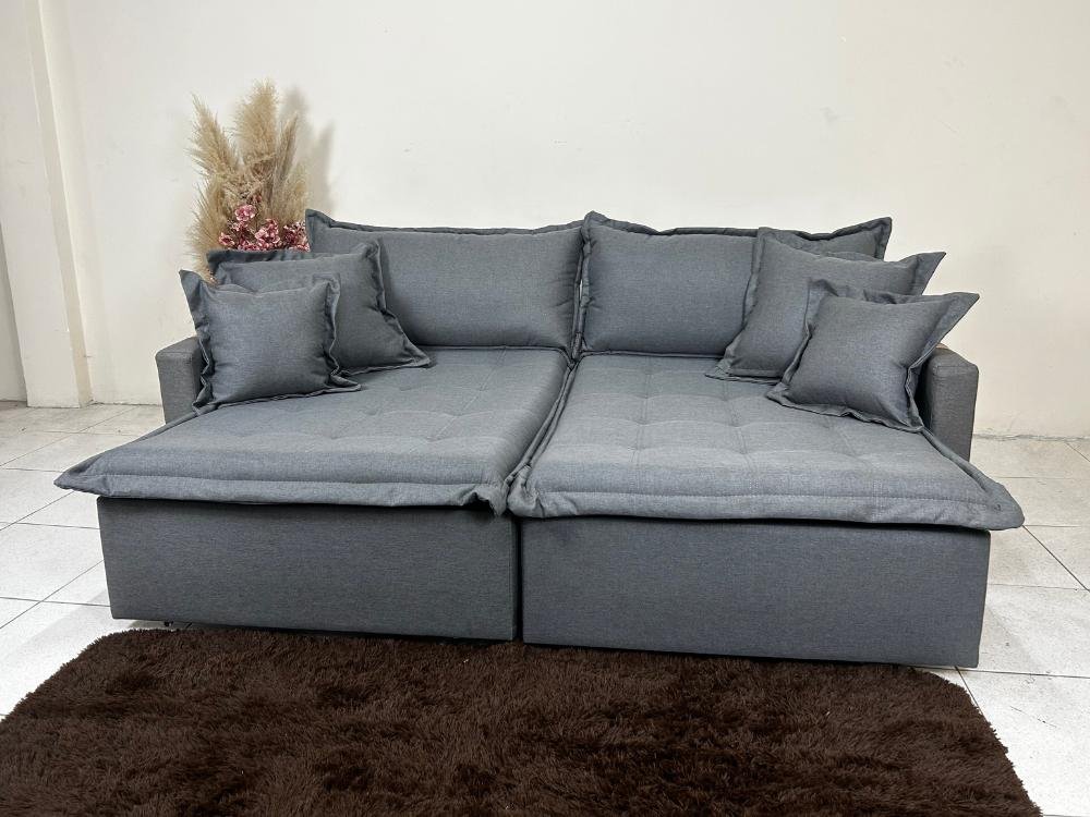 Sofá Cama Retrátil Reclinável Esparta 2.20m - Grafite Linho / Marrom Courino - Imagem 8