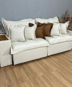 Sofá Cama Retrátil Reclinável Gabriella 2,50m - Bege Linho / Marrom Courino