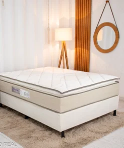 Box Casal Bipartida Sued Bege Nosso Sonho + Colchão Casal Copacabana Linho Bege 138x188x68 Molas ensacadas - Portobel | Suporta até 240kg