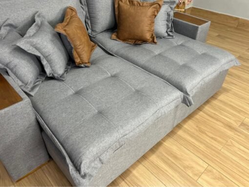 Sofá Cama Retrátil Reclinável Gabriella 2,30m - Cinza Linho / Marrom Courino - Imagem 6