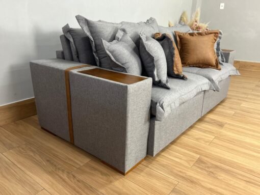 Sofá Cama Retrátil Reclinável Gabriella 2,30m - Cinza Linho / Marrom Courino - Imagem 7