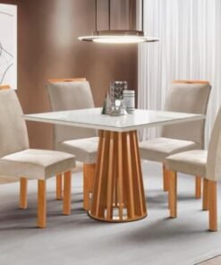 Mesa de Jantar Berlim 1.00x1.00 Quadrada Com 4 Cadeiras Napoles/Londres - Cinamomo/Off White/Bege
