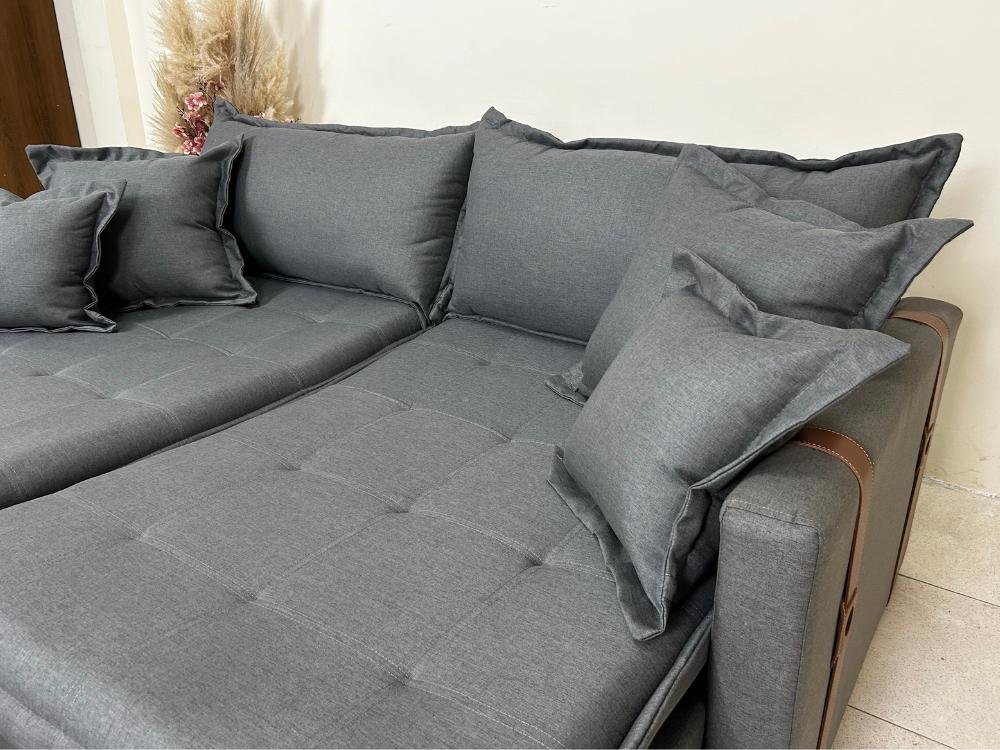 Sofá Cama Retrátil Reclinável Esparta 2.20m - Grafite Linho / Marrom Courino - Imagem 7