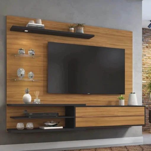 Sofá Retrátil Reclinável Barcelona 2.30m Veludo Preto 322 - D33 e Molas Ensacadas + Painel NT 1115 TV até 60 Pol. Freijó/Preto Notável - Imagem 2