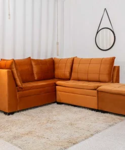 Sofá Canto 5 lugares com Puff Viena Veludo Terracota A62