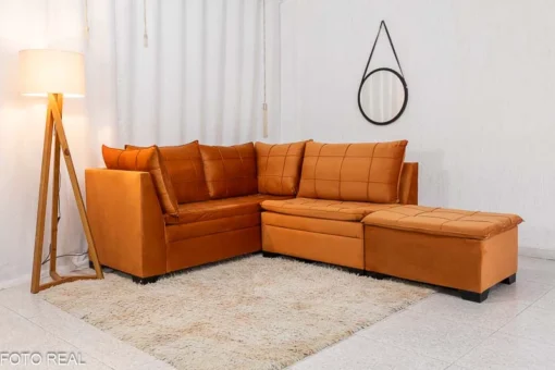 Sofá Canto 5 lugares com Puff Viena Veludo Terracota A62