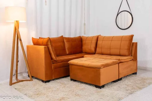 Sofá Canto 5 lugares com Puff Viena Veludo Terracota A62 - Imagem 4