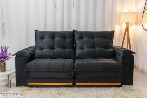 Sofá Retrátil Reclinável Barcelona 2.30m Veludo Preto 322 - D33 e Molas Ensacadas + Painel NT 1115 TV até 60 Pol. Freijó/Preto Notável - Imagem 3