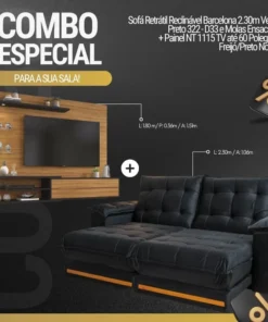 Sofá Retrátil Reclinável Barcelona 2.30m Veludo Preto 322 - D33 e Molas Ensacadas + Painel NT 1115 TV até 60 Pol. Freijó/Preto Notável