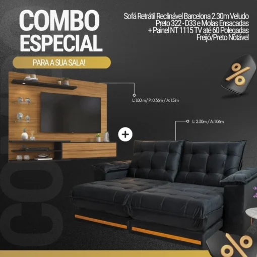 Sofá Retrátil Reclinável Barcelona 2.30m Veludo Preto 322 - D33 e Molas Ensacadas + Painel NT 1115 TV até 60 Pol. Freijó/Preto Notável