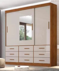 Guarda-Roupa Casal New Star 3 Portas 9 Gavetas Cinamomo/Off c/Espelho Larg. 1.80m Sallêto