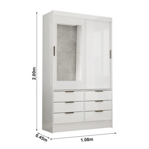 Roupeiro Solteiro Sevilha Branco 2 Portas C/ 1 Espelho 6 Gavetas Larg. 1.08m - Carioca - Imagem 3
