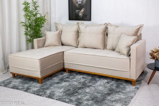 Sofá 3 Lug. Milão C/Chaise Lado Direito Veludo Bege 818 Larg. 2.30m - Molas Ensacadas