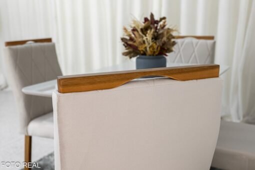 Mesa de Jantar Pedro Mel Vidro Off 120×80 4 Cadeiras Lisboa Veludo Bege 512 Madeira Maciça Art Assento - Entregue Montada - Imagem 5