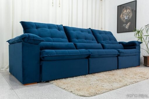 Sofá Retrátil Reclinável Emanuelly Veludo Azul 03 Larg. 3.20m  - D28 Soft - Imagem 6