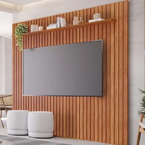 Rack Holanda Cinamomo Ripado 100% MDF Larg. 2.05m + Painel Maragogi Cinamomo Ripado 100% MDF Larg. 2.30m - Permobili - Imagem 3