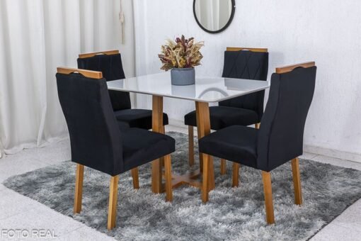 Mesa de Jantar Pedro Mel Vidro Off 120×80 4 Cadeiras Lisboa Veludo Preto 504 Madeira Maciça Art Assento - Entregue Montada - Imagem 3