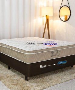 Box Casal Classic Sued Marrom + Colchão Casal Airtech Springpocket 138x188x25 Ortobom
