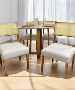 Mesa Pedro 120 Mel/Off White + 4 Cadeiras Grécia Mel/Linho Bege – ART ASSENTOS + HR MOVELARIA