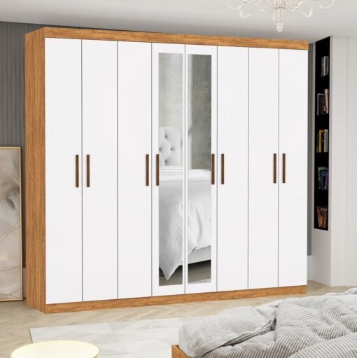 Guarda-Roupa 8 Portas Rubi 2,08 m(Com Espelho)Cinamono/Branco - CARIOCA MÓVEIS