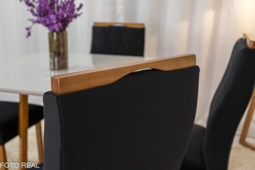 Mesa de Jantar Pedro Mel Vidro Off 90×90 4 Cadeiras Lisboa Veludo Preto 504 Madeira Maciça Art Assento - Entregue Montada - Imagem 5
