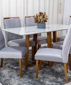 Mesa de Jantar Pedro Mel Vidro Off 160×80 6 Cadeiras Lisboa Veludo Prata 514 Madeira Maciça Art Assento - Entregue Montada