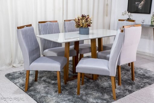 Mesa de Jantar Pedro Mel Vidro Off 160×80 6 Cadeiras Lisboa Veludo Prata 514 Madeira Maciça Art Assento - Entregue Montada