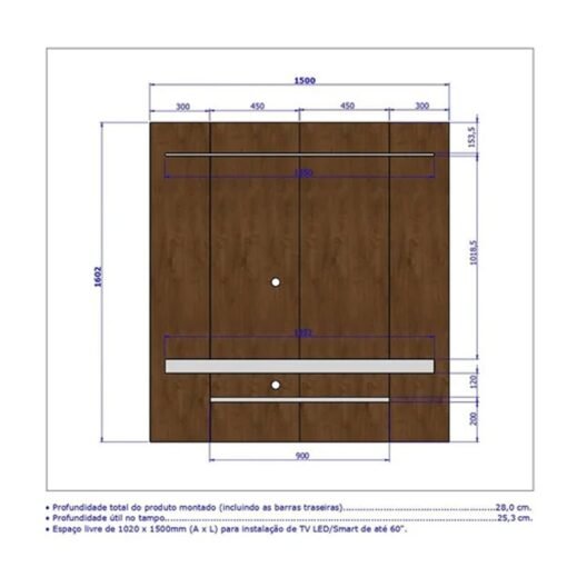 Painel Leme TV até 60 Polegadas Larg. 1.50m Impressão Ripada 3D Ripado/Off White Bechara - Imagem 2