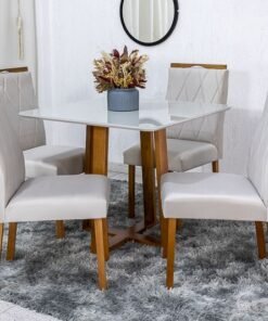 Mesa de Jantar Pedro Mel Vidro Off 90×90 4 Cadeiras Lisboa Veludo Bege 512 Madeira Maciça Art Assento - Entregue Montada