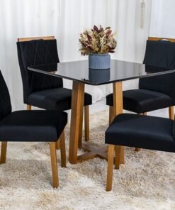 Mesa de Jantar Pedro Mel Vidro Preto 90×90 4 Cadeiras Lisboa Veludo Preto 504 Madeira Maciça Art Assento - Entregue Montada