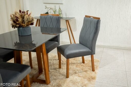 Mesa de Jantar Pedro Mel Vidro Grafite 120×80 4 Cadeiras Lisboa Veludo Cinza 507 Madeira Maciça Art Assento - Entregue Montada - Imagem 4