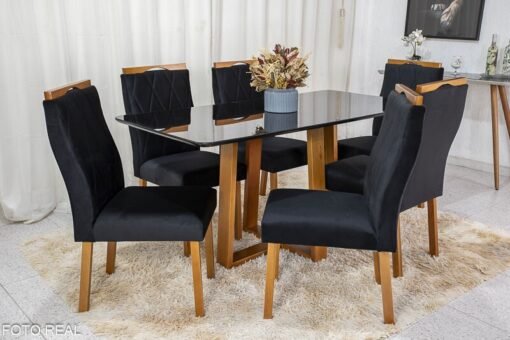 Mesa de Jantar Pedro Mel Vidro Preto 160×80 6 Cadeiras Lisboa Veludo Preto 504 Madeira Maciça Art Assento - Entregue Montada