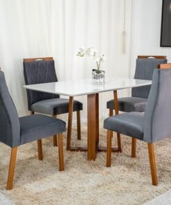 Mesa de Jantar Pedro Mel Vidro Off 120×80 4 Cadeiras Lisboa Veludo Cinza 507 Madeira Maciça Art Assento - Entregue Montada