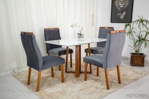 Mesa de Jantar Pedro Mel Vidro Off 120×80 4 Cadeiras Lisboa Veludo Cinza 507 Madeira Maciça Art Assento - Entregue Montada