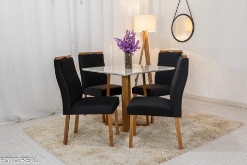 Mesa de Jantar Pedro Mel Vidro Off 90×90 4 Cadeiras Lisboa Veludo Preto 504 Madeira Maciça Art Assento - Entregue Montada