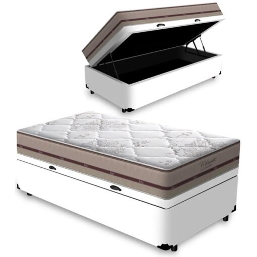 Colchão Solteiro Classic Ensacadas AG D70 + Base Box Baú Corino Branco – ANJOS + ALTO NÍVEL CAMAS E COLCHÕES