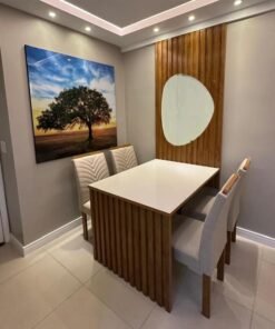 Mesa Jantar Cancun 120×90 C/Espelho 4 Cadeiras Linho Bege 178 Cel Móveis