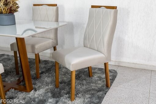 Mesa de Jantar Pedro Mel Vidro Off 120×80 4 Cadeiras Lisboa Veludo Bege 512 Madeira Maciça Art Assento - Entregue Montada - Imagem 4