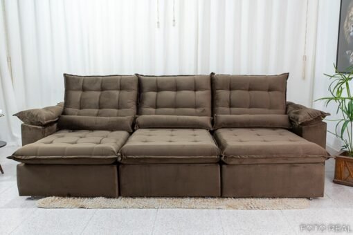 Sofá Retrátil Reclinável Emanuelly Veludo Marrom 19 Larg. 3.20m - D28 Soft - Imagem 6