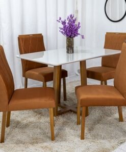 Mesa de Jantar Pedro Mel Vidro Off 120×80 4 Cadeiras Lisboa Veludo Terracota 513 Madeira Maciça Entregue Montada - Art Assento
