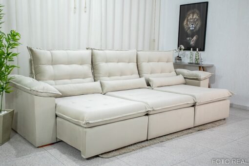 Sofá Retrátil Reclinável Emanuelly Veludo Bege 01 Larg. 3.20m  - D28 Soft - Imagem 9